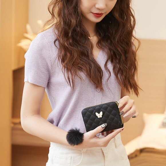 $5 ADD ON ITEM- Mini Black Quilted Wallet Butterfly Charm & Pom Pom Zipper Coin - Picture 3 of 5